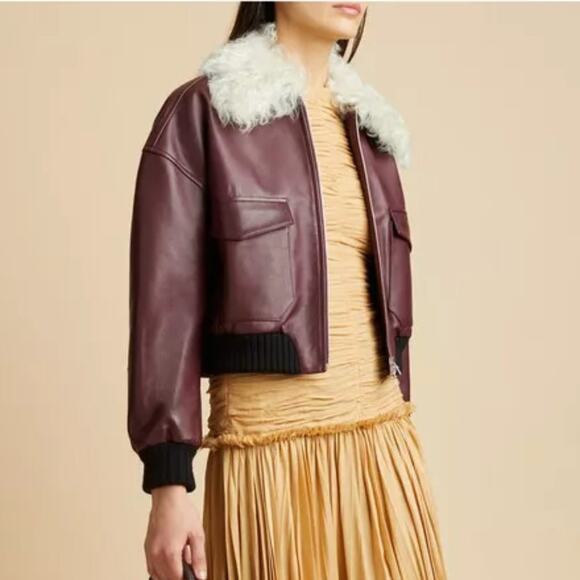 KHAITE Larissa Shearling-Collar Leather Bomber Jacket Bordeaux Wine - Picture 4 of 12